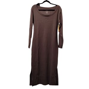 ORGANIC COTTON Gray Ribbed Long Sleeve Midi Dress Side Slits Organic Cotton M